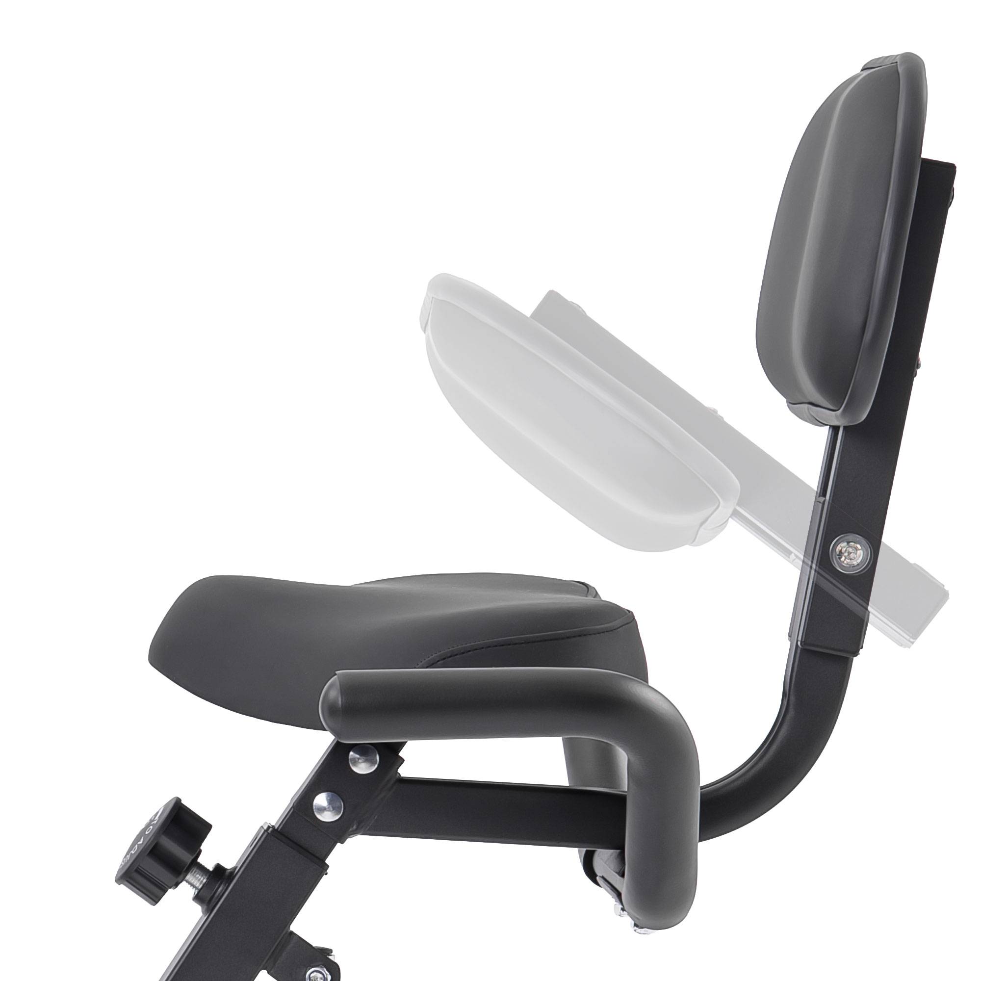 Gray and black motorcycle seat with backrest on a white background