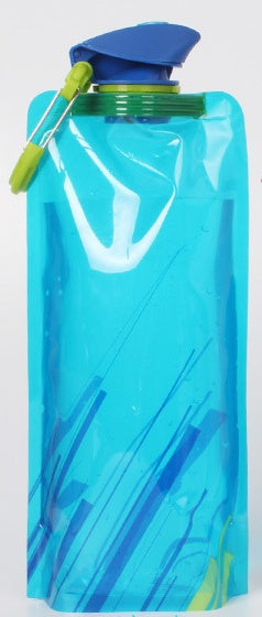 Blue and green collapsible water bottle on a white background