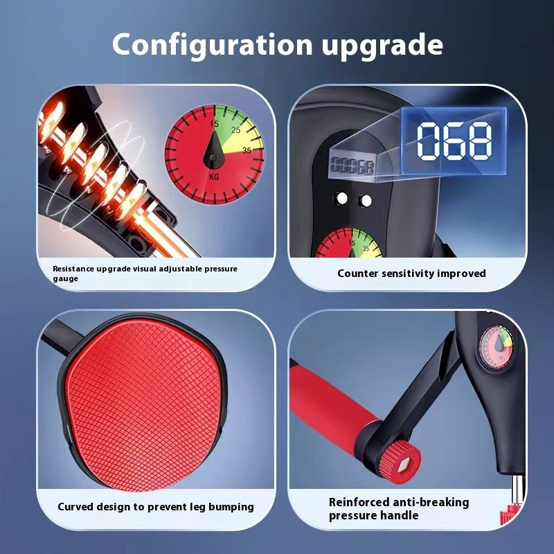Configuration upgrade features with visual adjustable pressure gauge, counter sensitivity improvement, curved design, and reinforced handle on a blue background.