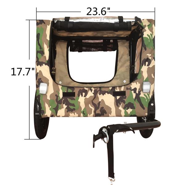 Camouflage-patterned pet carrier with dimensions labeled on a white background