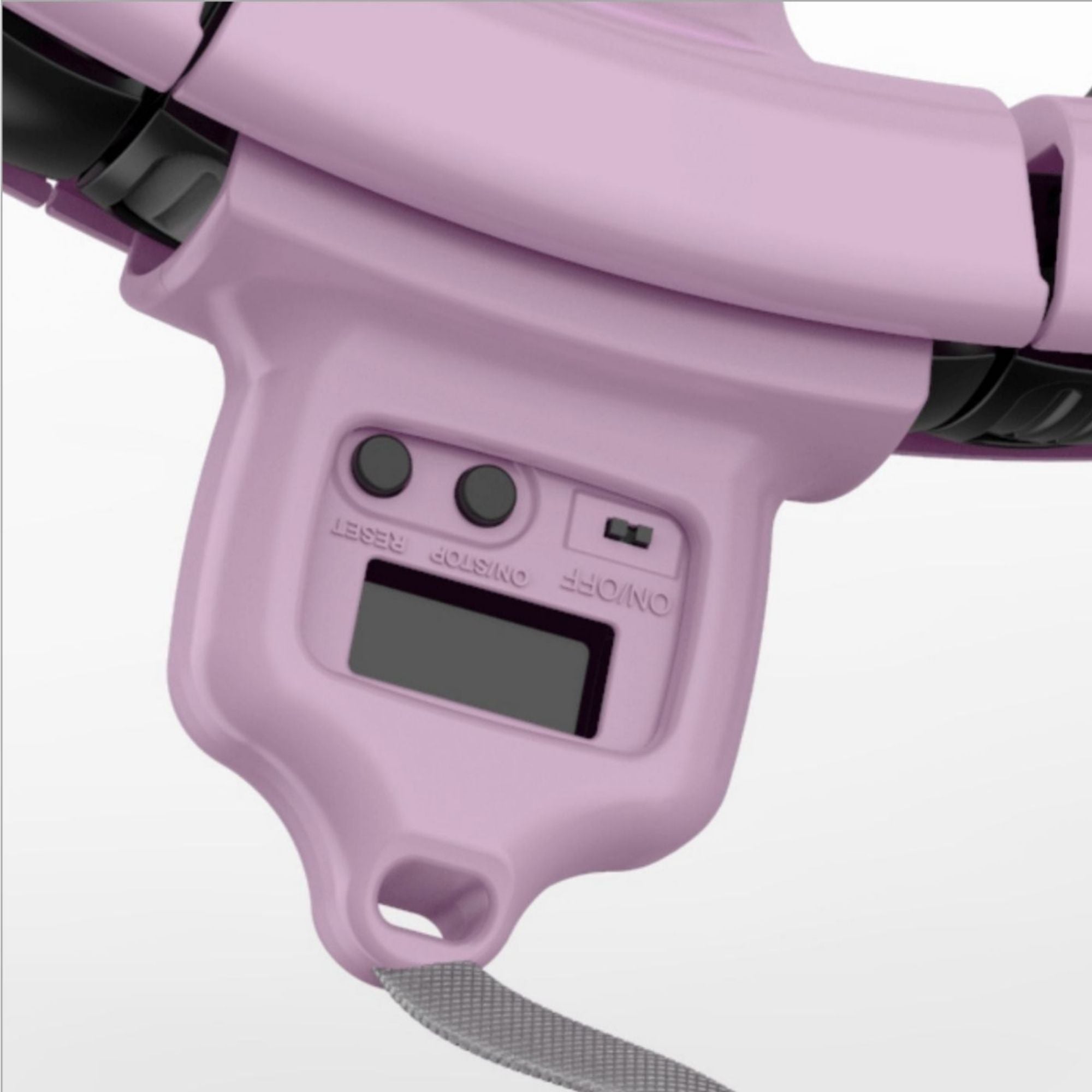 Close-up of a pink hair dryer with control panel on a white background