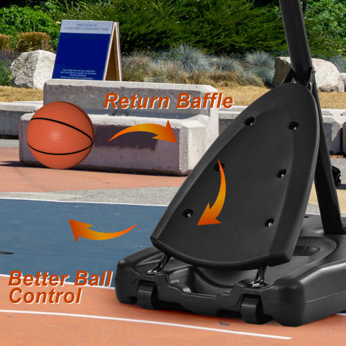 Basketball return baffle on a basketball court with text highlighting features