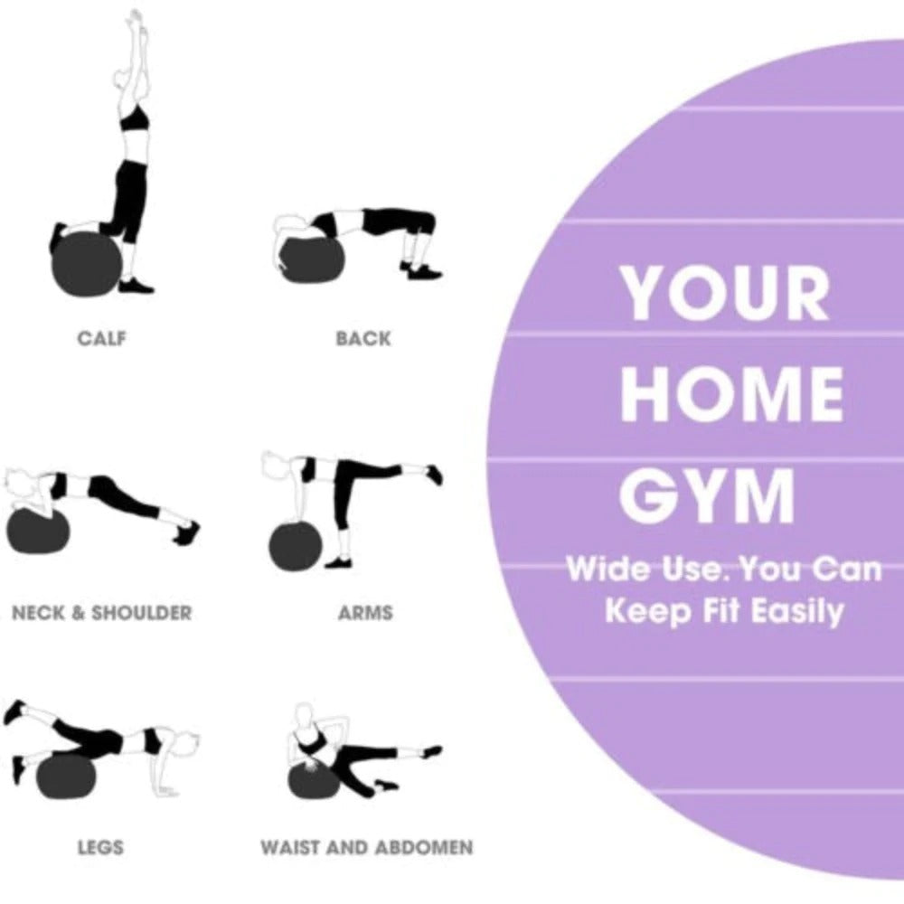 Illustrations of bodyweight exercises with a purple circle containing text about home gym benefits.