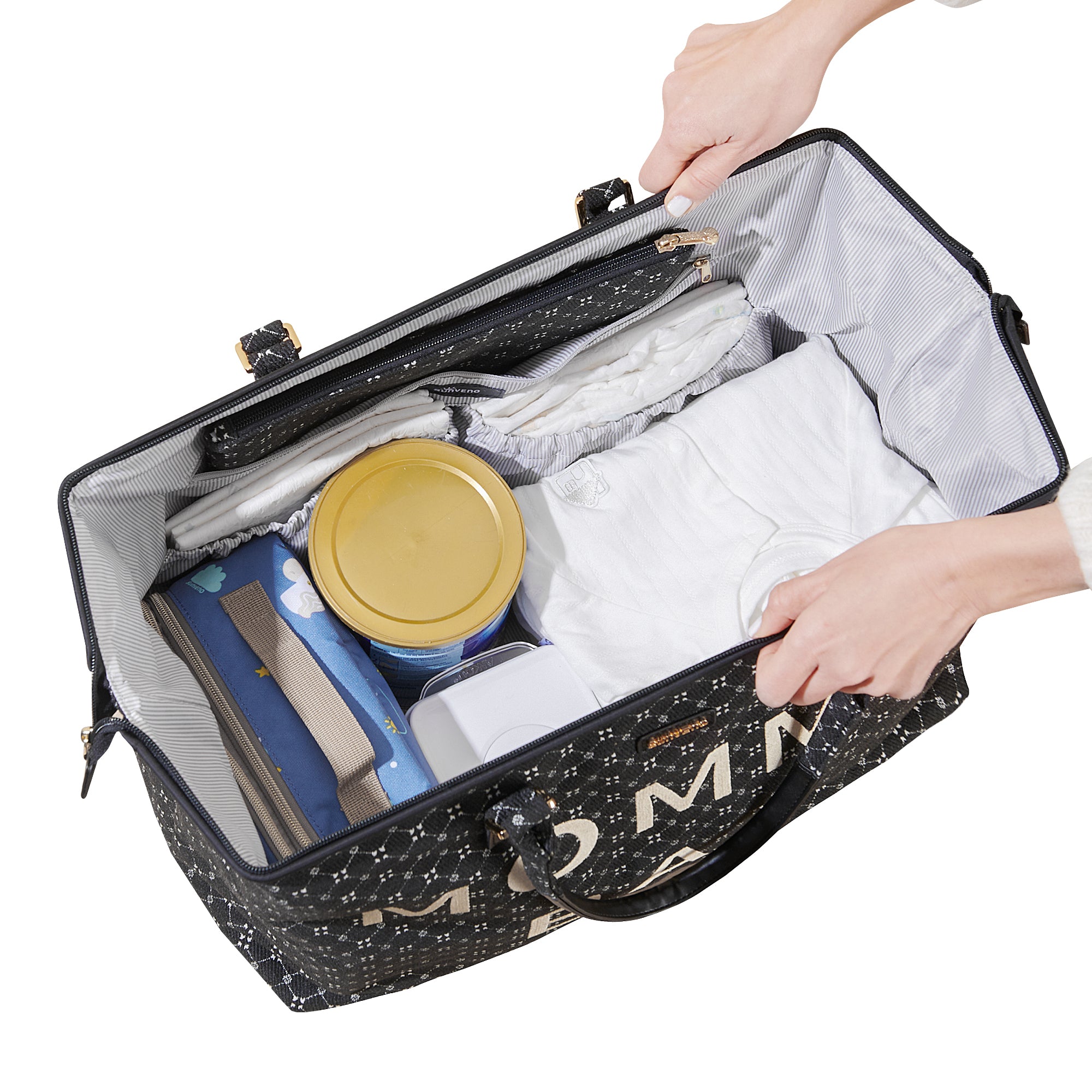 Black insulated cooler bag with food containers inside, held open by a hand.