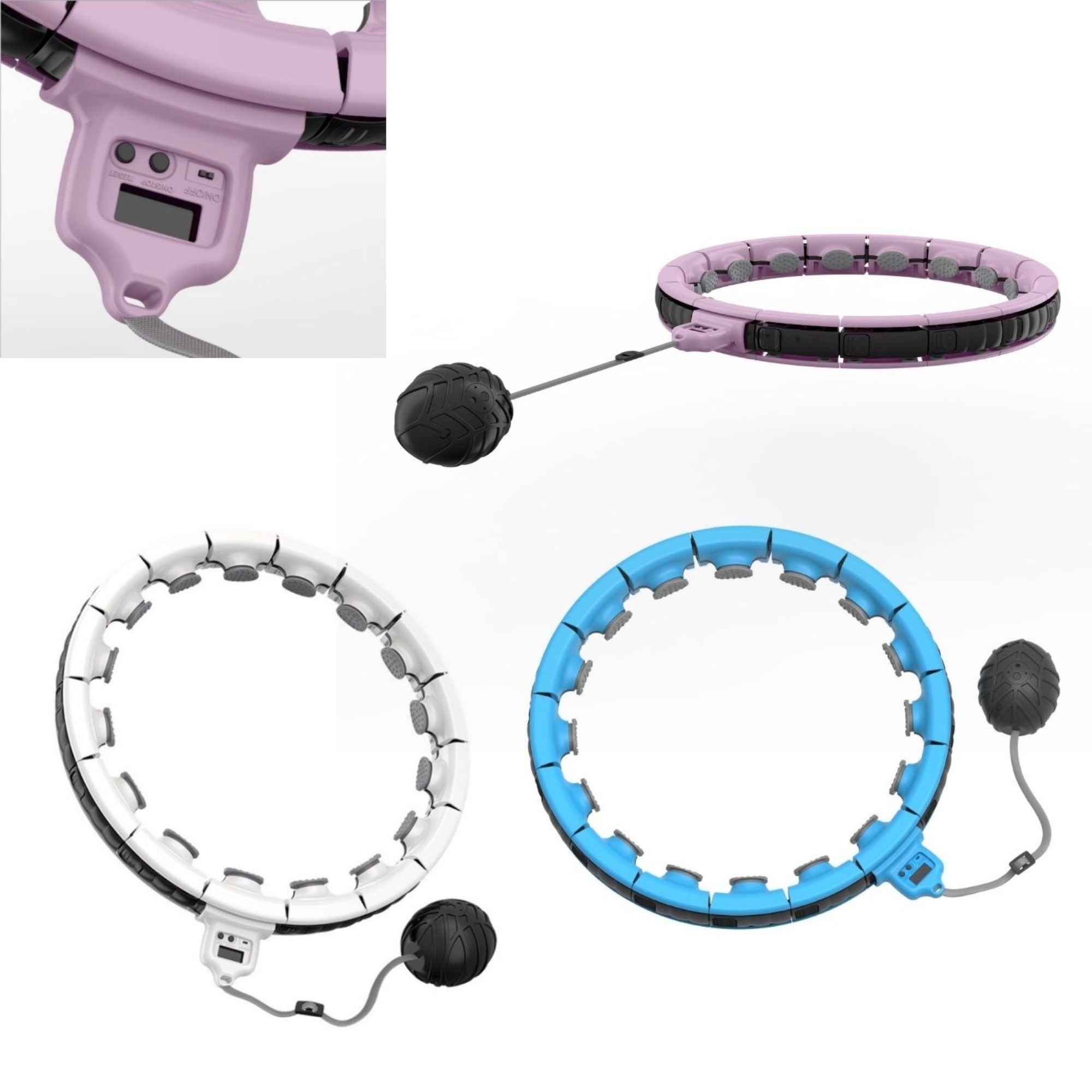 Collage of a pink, white, and blue pet training collar with a remote control on a white background.