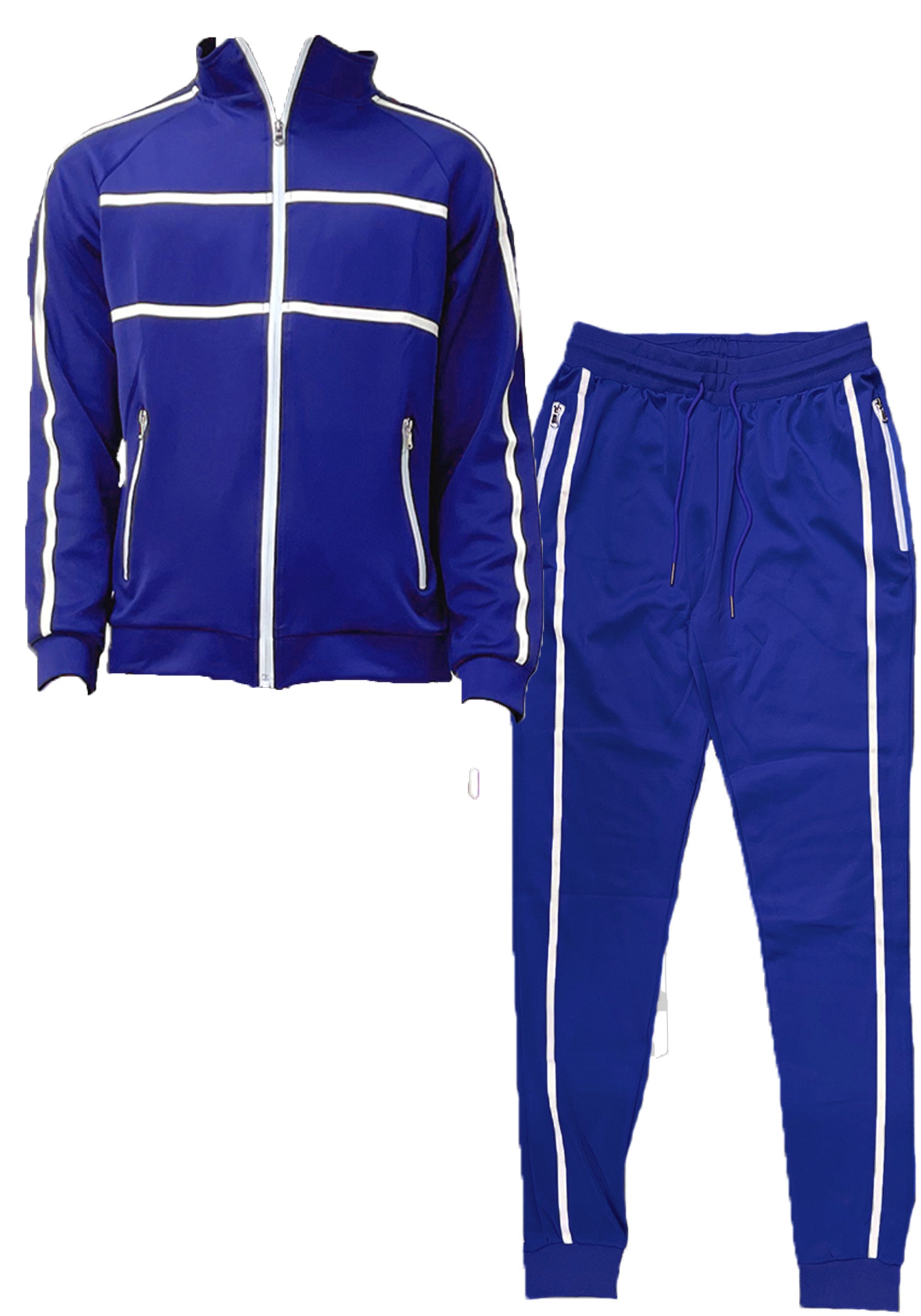 Blue tracksuit with white stripes on a white background