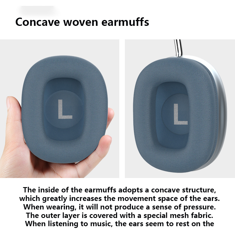 Concave woven earmuffs held in a hand with text explaining their design.