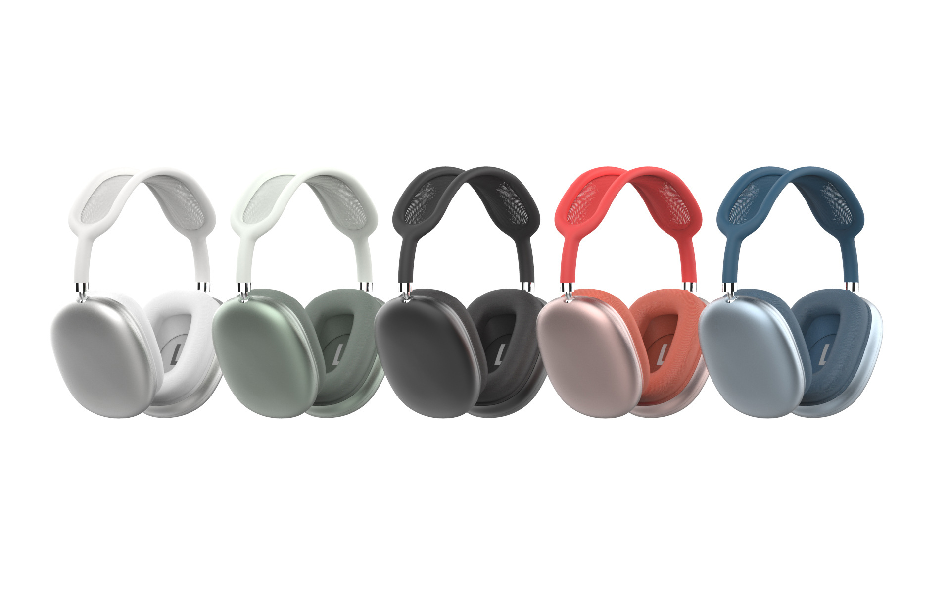 Set of six pairs of headphones in different colors on a white background