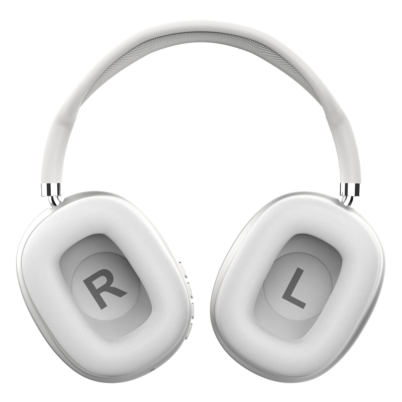 White over-ear headphones with 'R' and 'L' labels on a white background