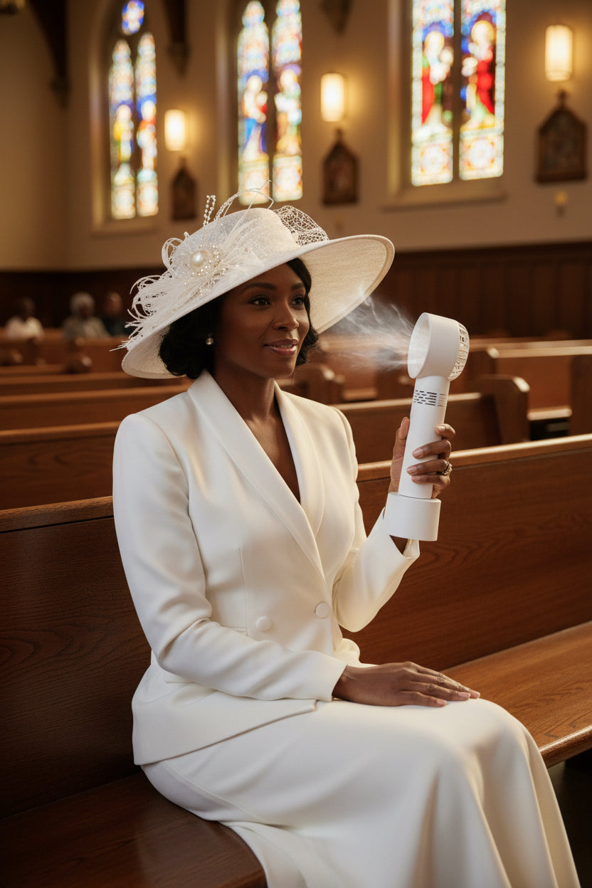 Woman in church holding bladeless fan in service