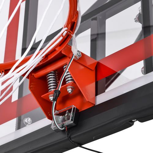 Close-up of a red basketball hoop with a white backboard on a white background