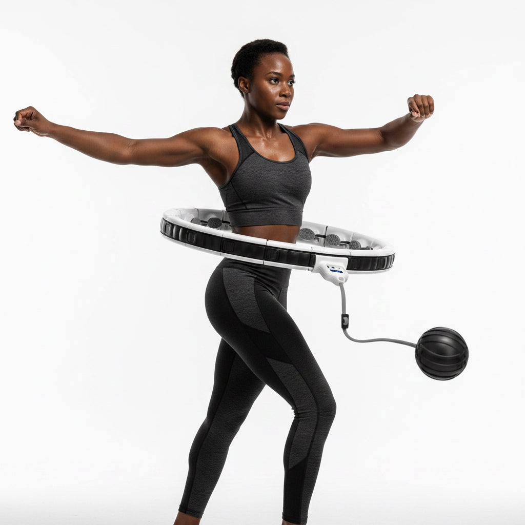 Person using White and black hula hoop with a ball attached on a white background