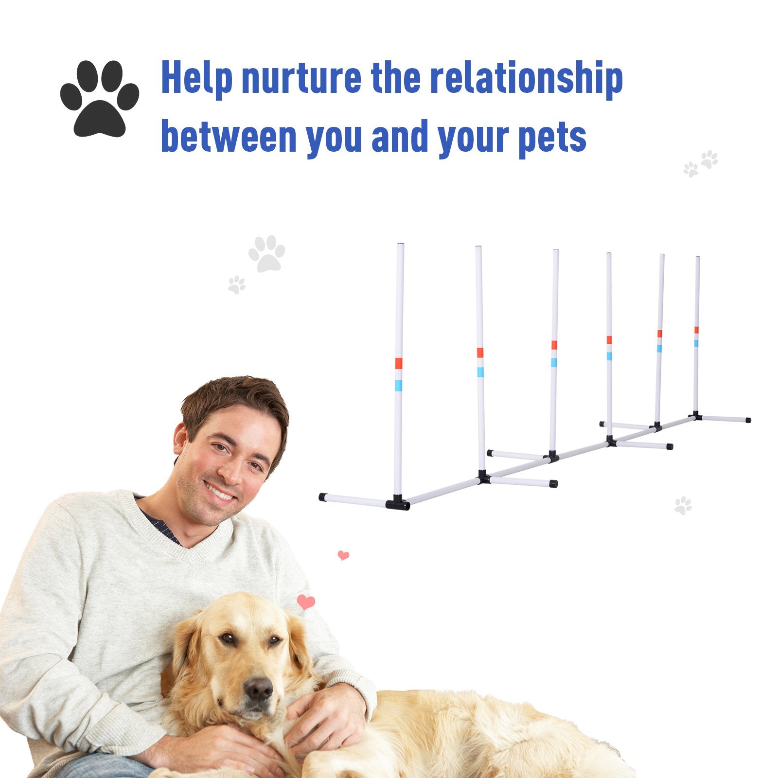 Man sitting with a dog next to an agility course, with text encouraging relationship building between humans and pets.