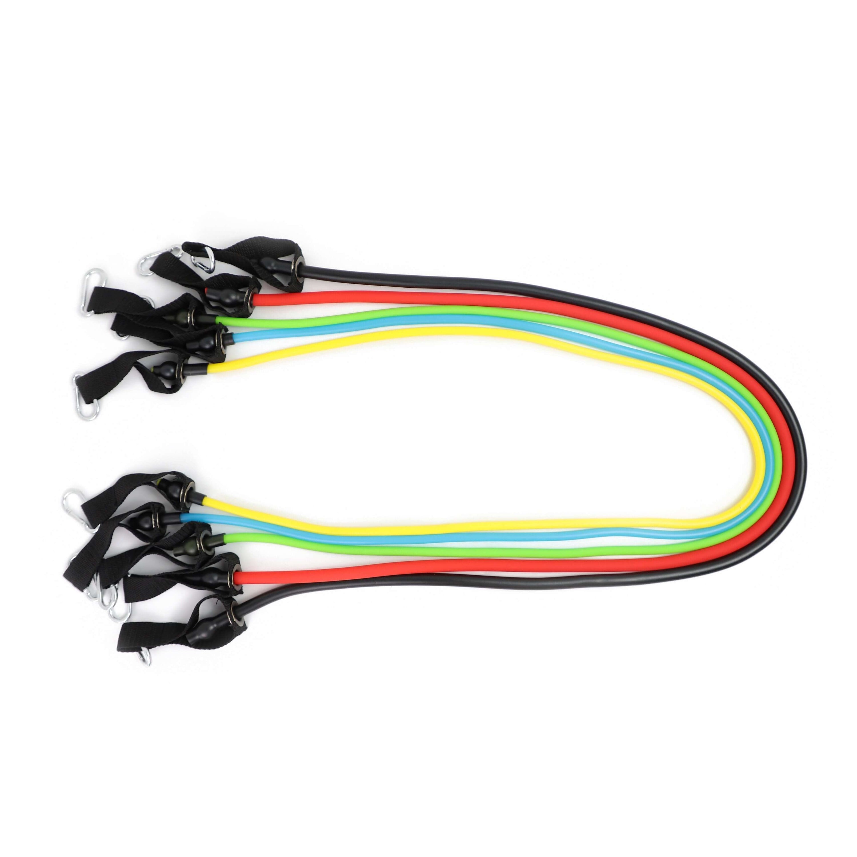 Set of resistance bands in red, yellow, and blue on a white background