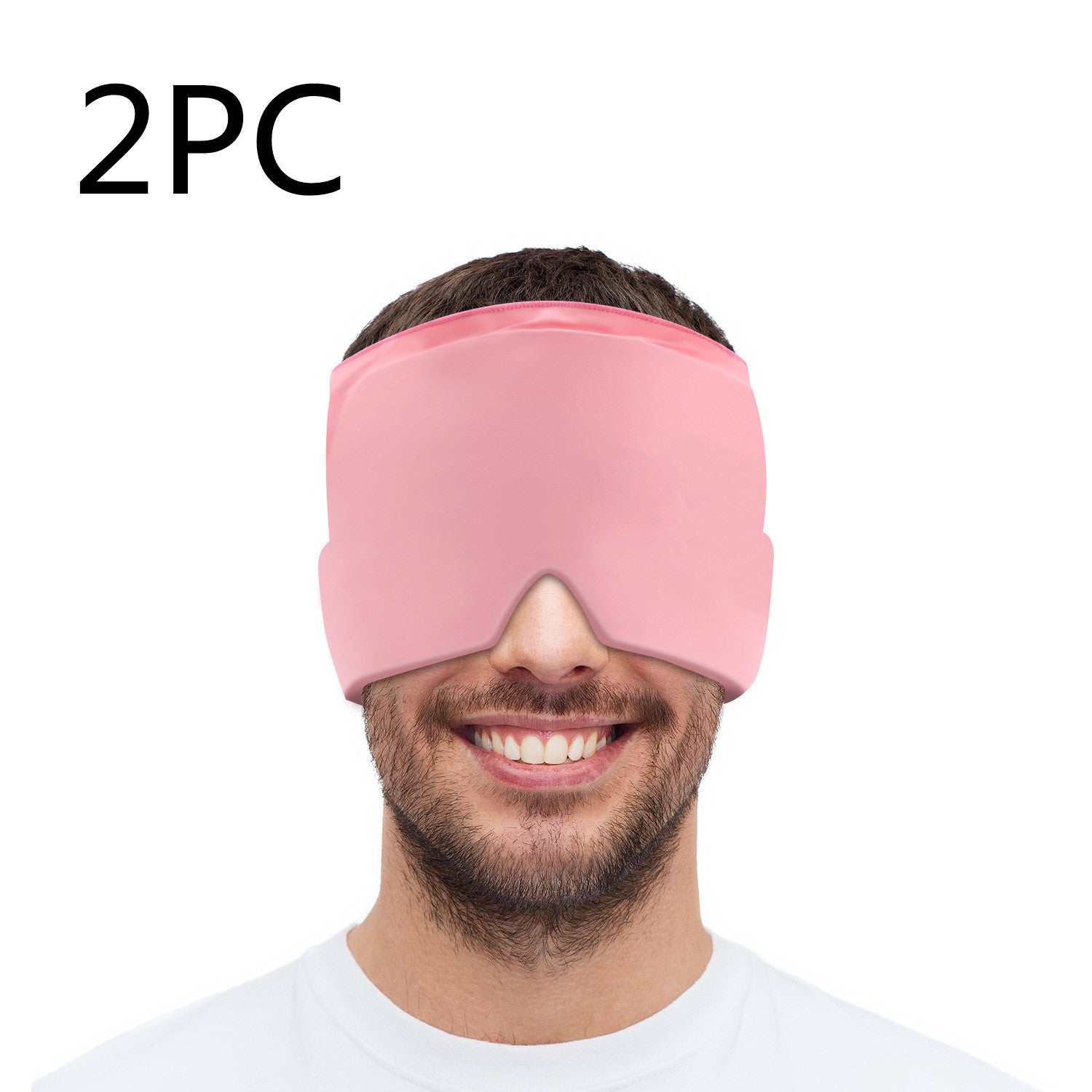 Man wearing a pink sleep mask with '2PC' text above on a white background