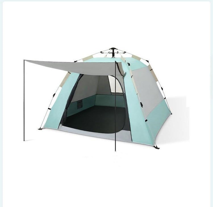 Camping tent with a light blue exterior and gray interior on a white background
