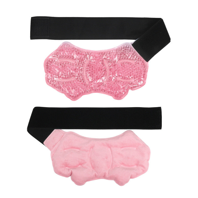 Pink glittery eye mask and pink bow headband on a white background