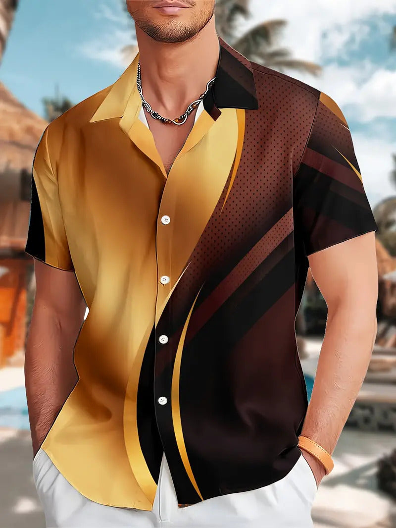 Man wearing a patterned shirt with a blurred beach background