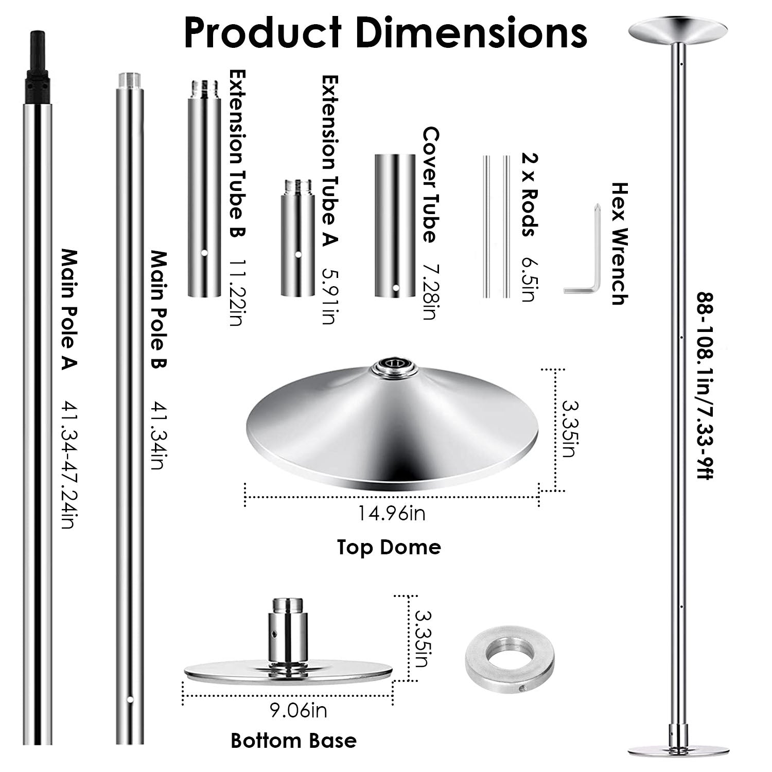 Product dimensions chart for a metal stand with labeled parts and measurements.
