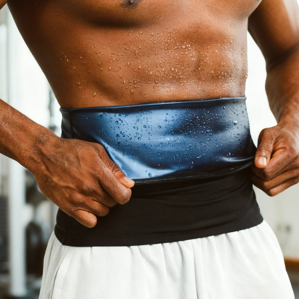 A close-up of a shirtless, sweating man wearing a black athletic waist wrap or belt with a shiny dark blue top layer, holding it open with both hands. He is also wearing white athletic shorts in a gym setting.