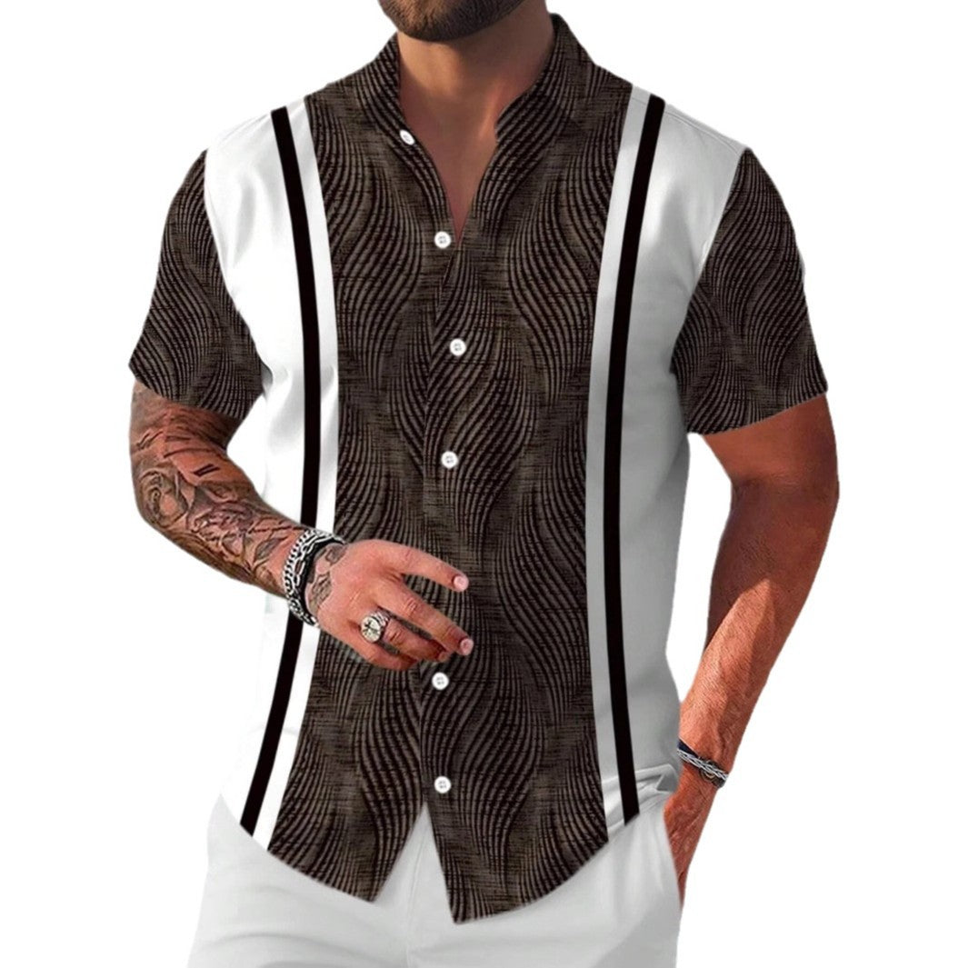 Man wearing a patterned shirt with white and black stripes on a white background