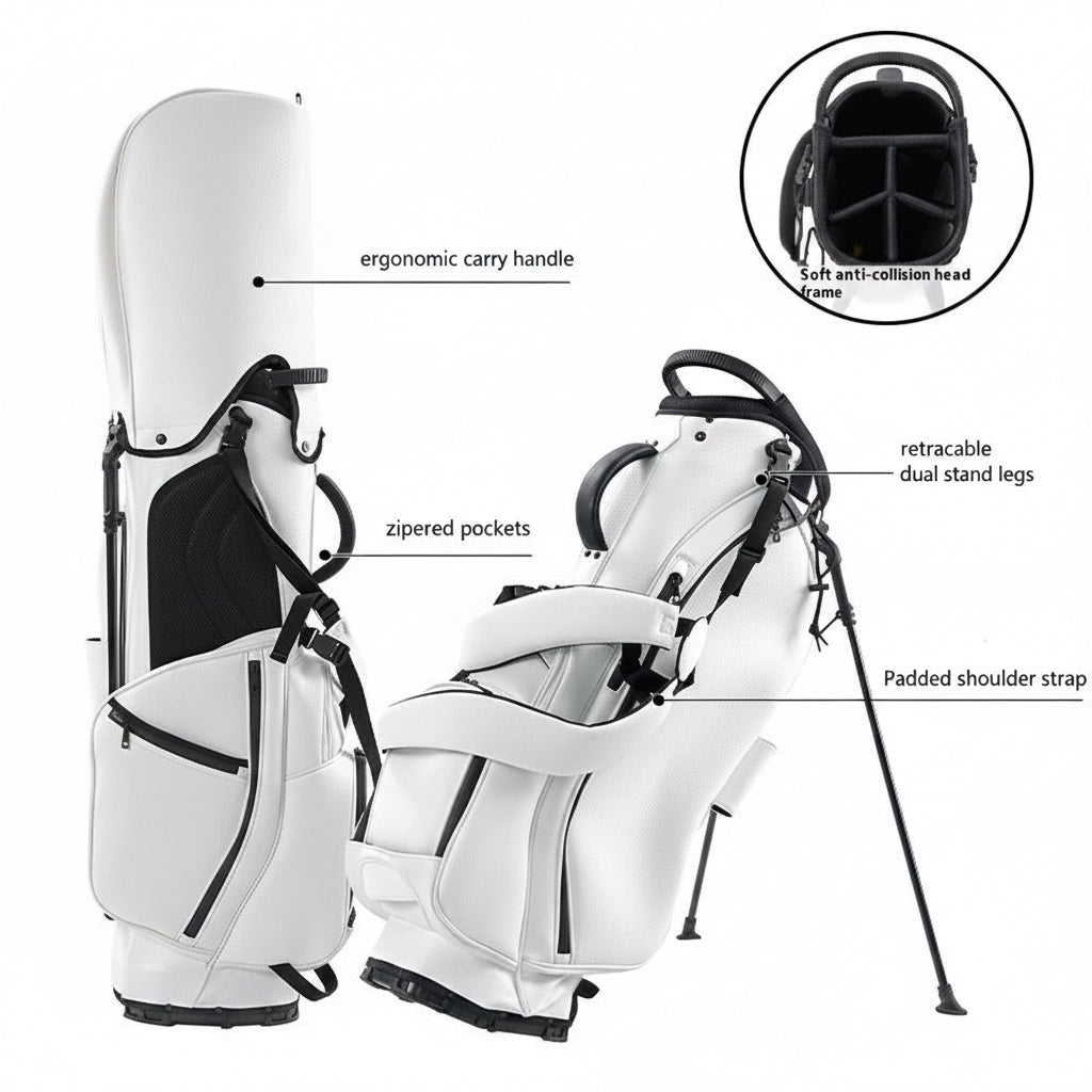 White golf bag with stand and soft anti-collision head cover features highlighted