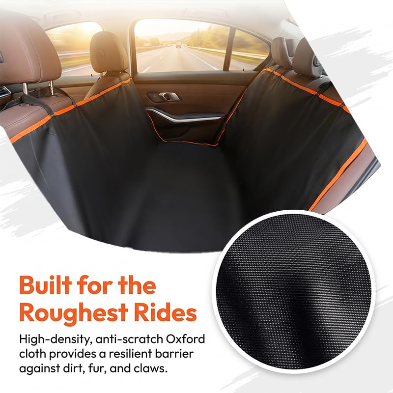 Black car cargo liner with orange trim installed across the back of a sedan, shown with marketing text and a circular fabric close-up inset.