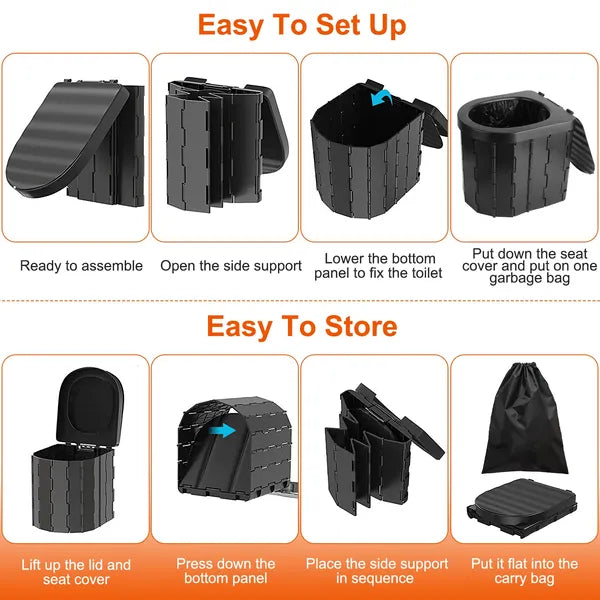 Step-by-step guide on how to set up and store a portable toilet system.