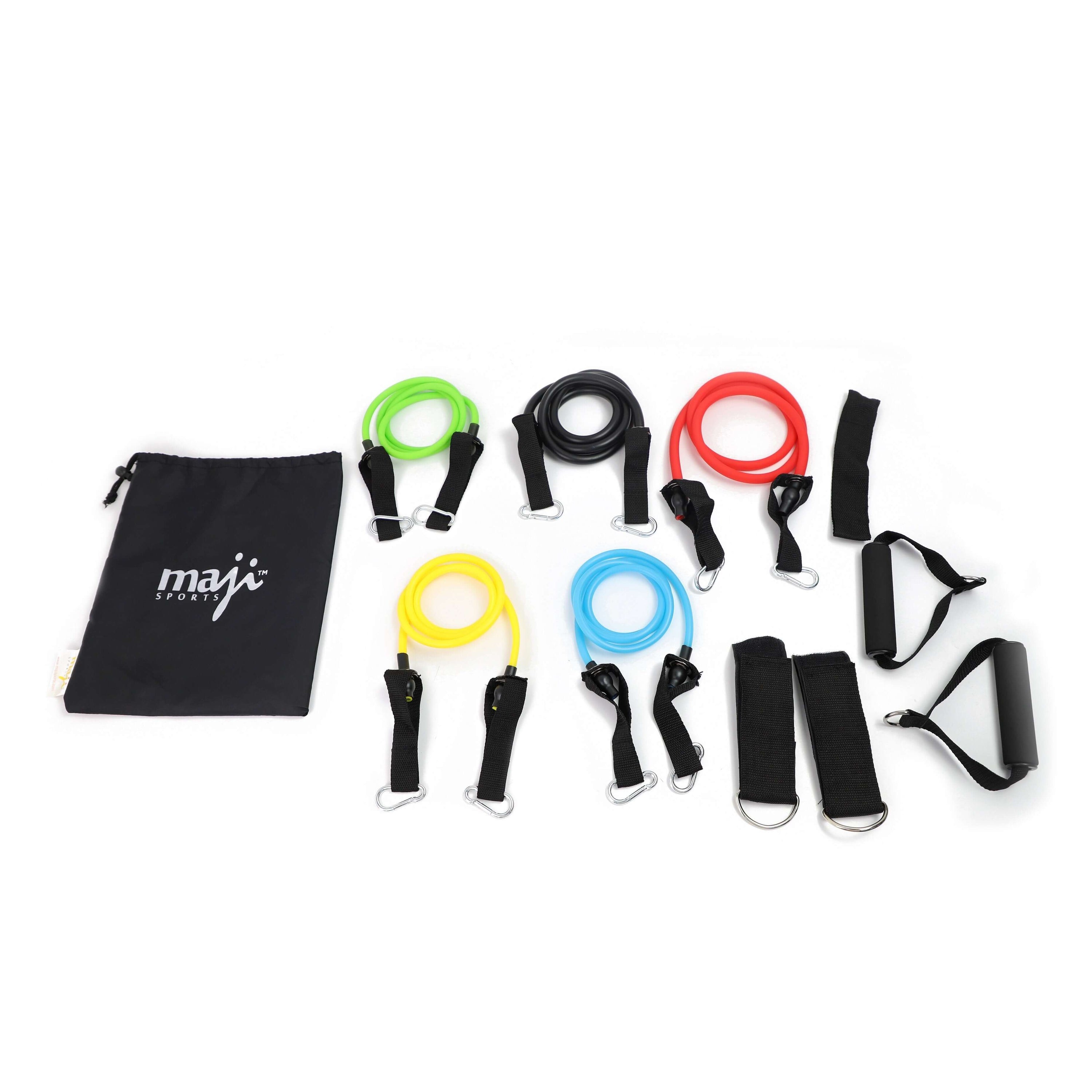 Set of resistance bands with colorful handles and a black drawstring bag on a white background