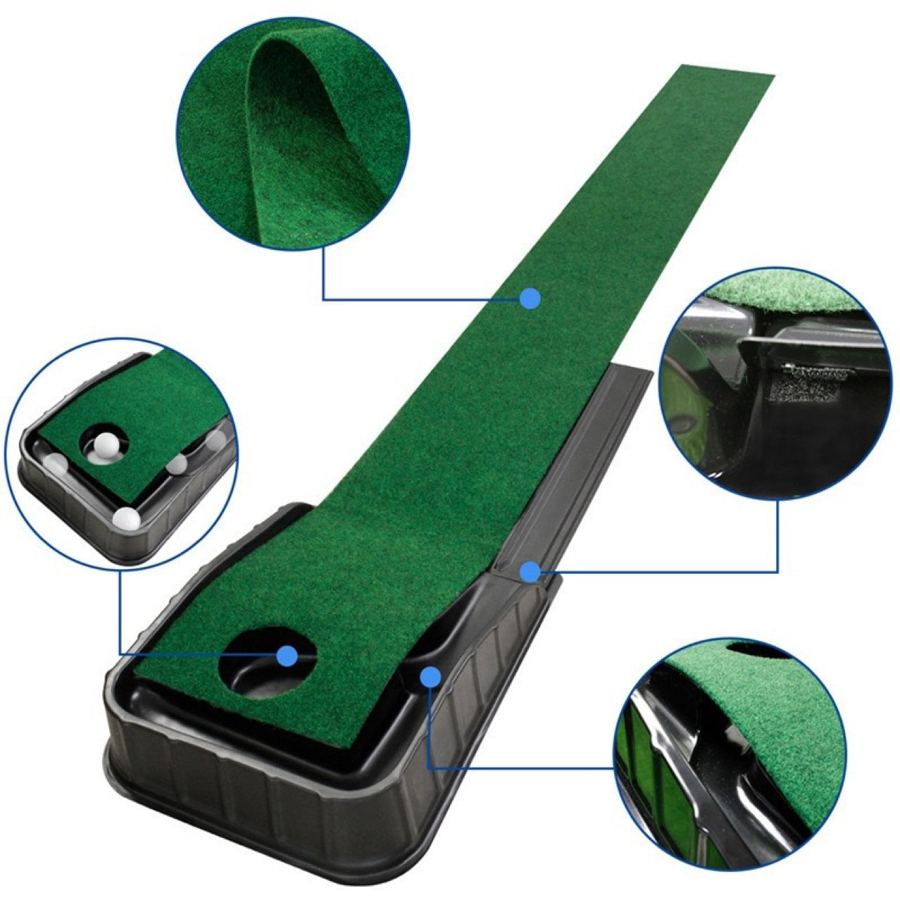 Green golf practice mat with close-up details on a white background