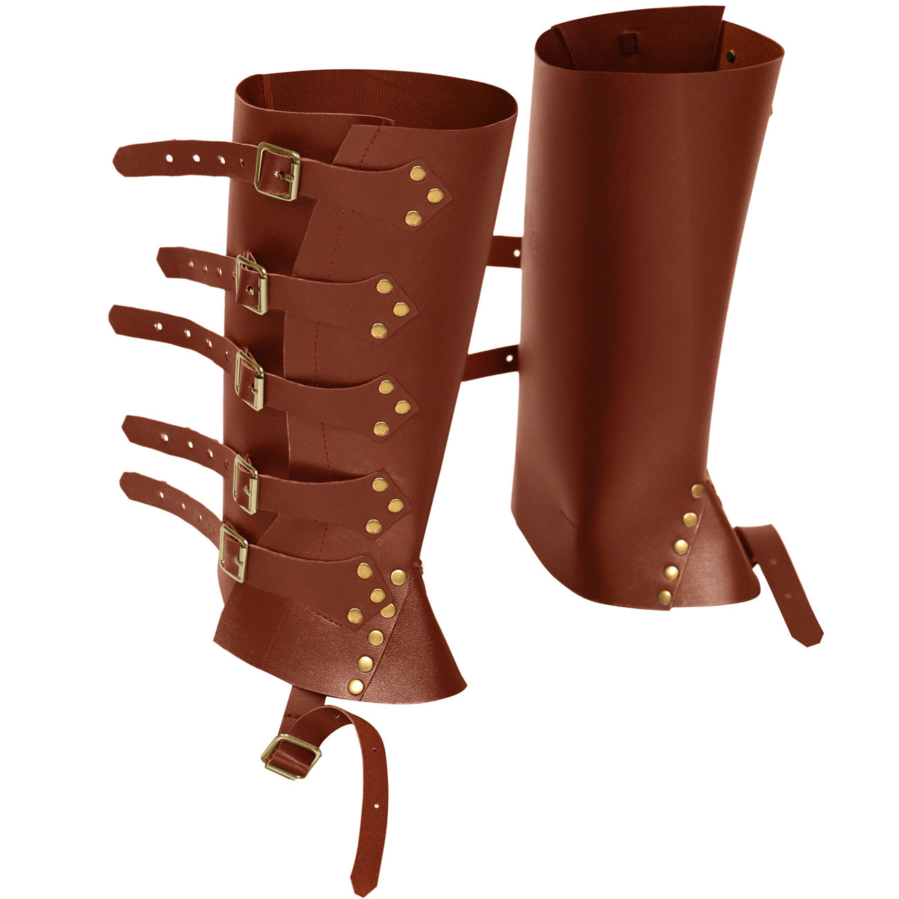 Pair of brown leather leg guards with gold buckles on a white background
