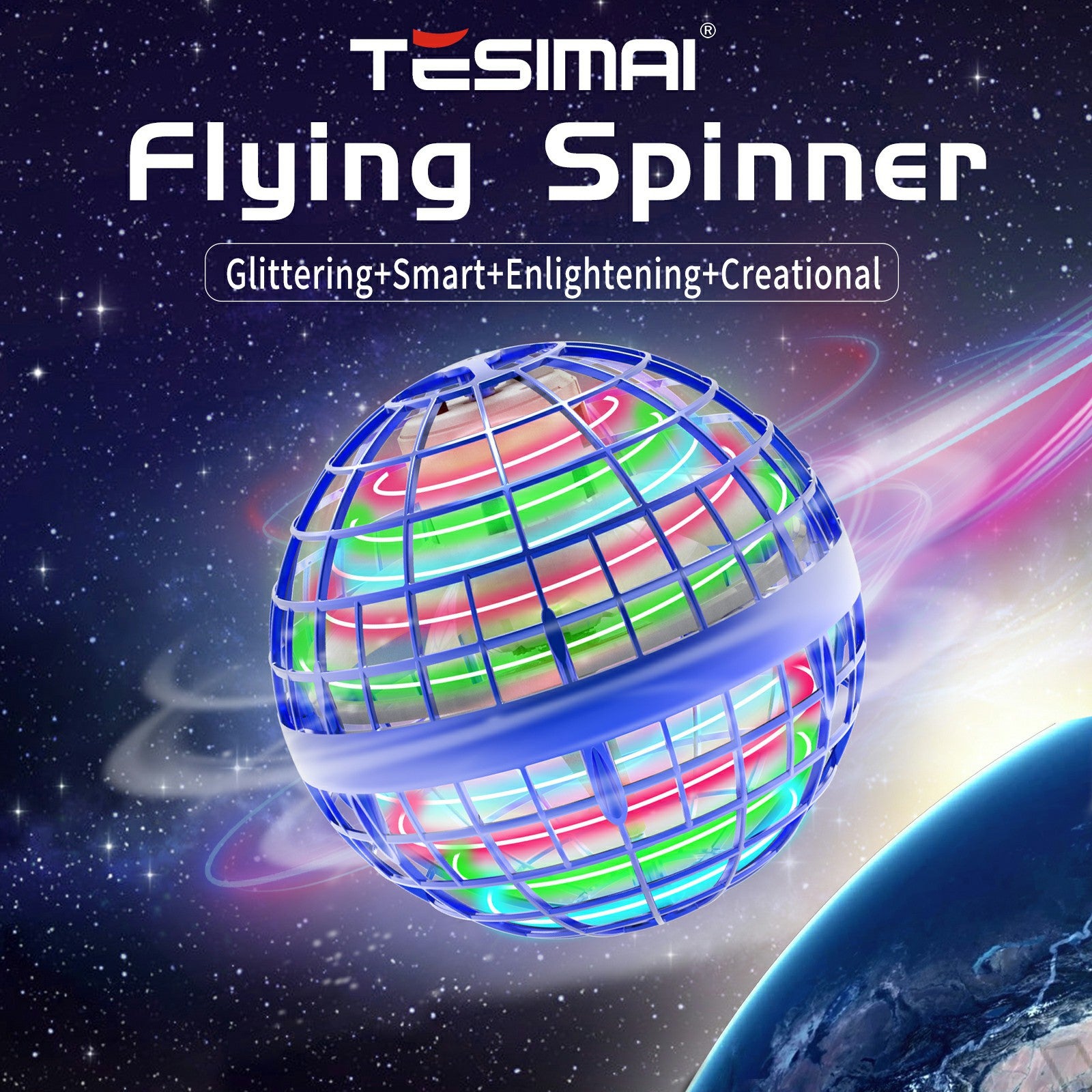 Colorful flying spinner with Tesimai branding against a space-themed background