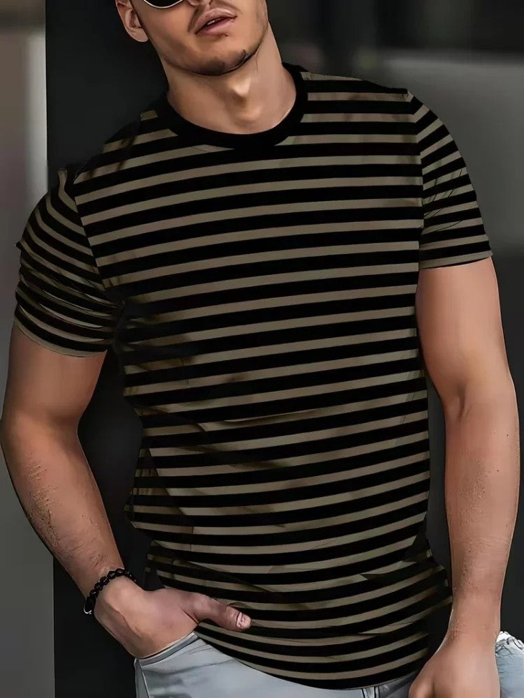 Classic Plaid & Stripe Printed Casual T-Shirt – Slim Fit Sports Tee