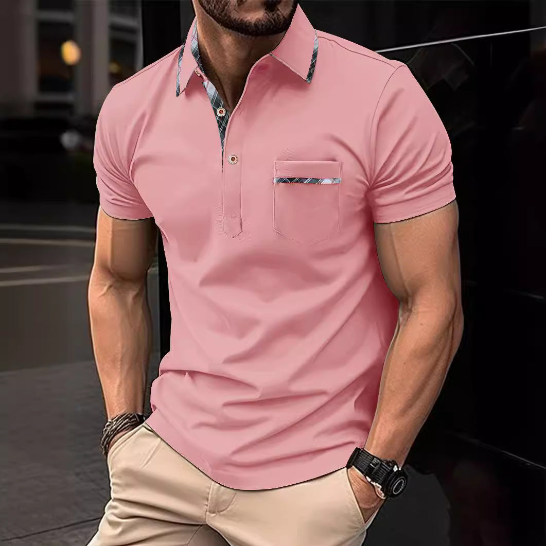 Man wearing a pink polo shirt with a blurred background