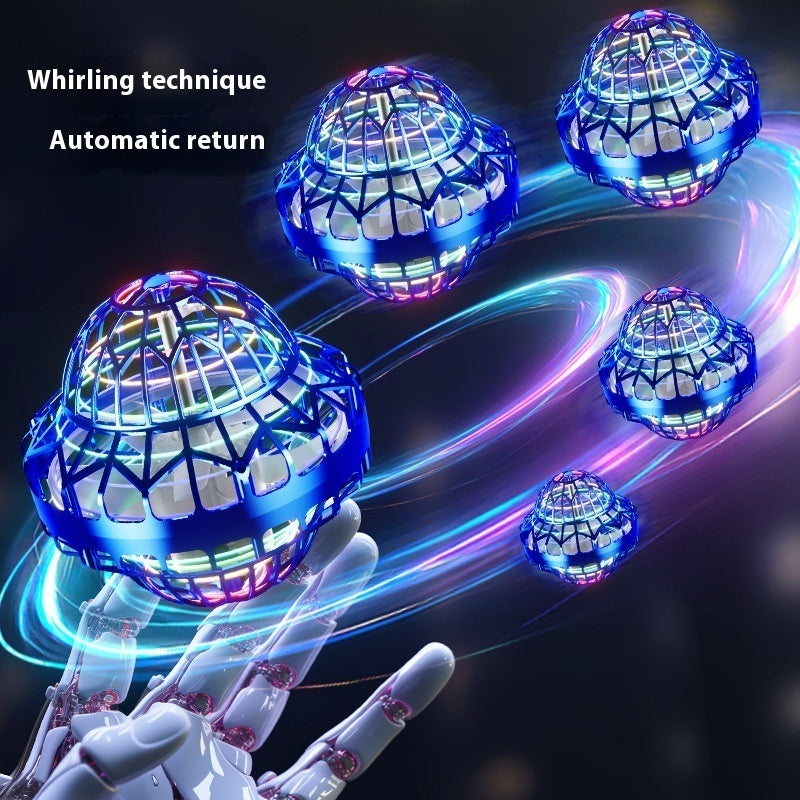 Colorful glowing balls with robotic hand on a dark background