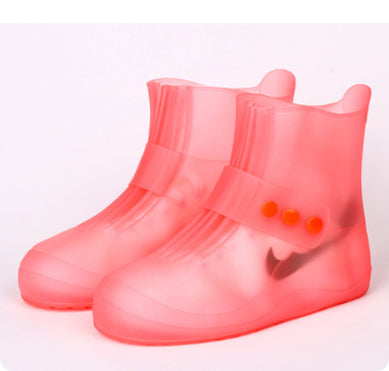 Pink rain boots with a brand logo on a white background