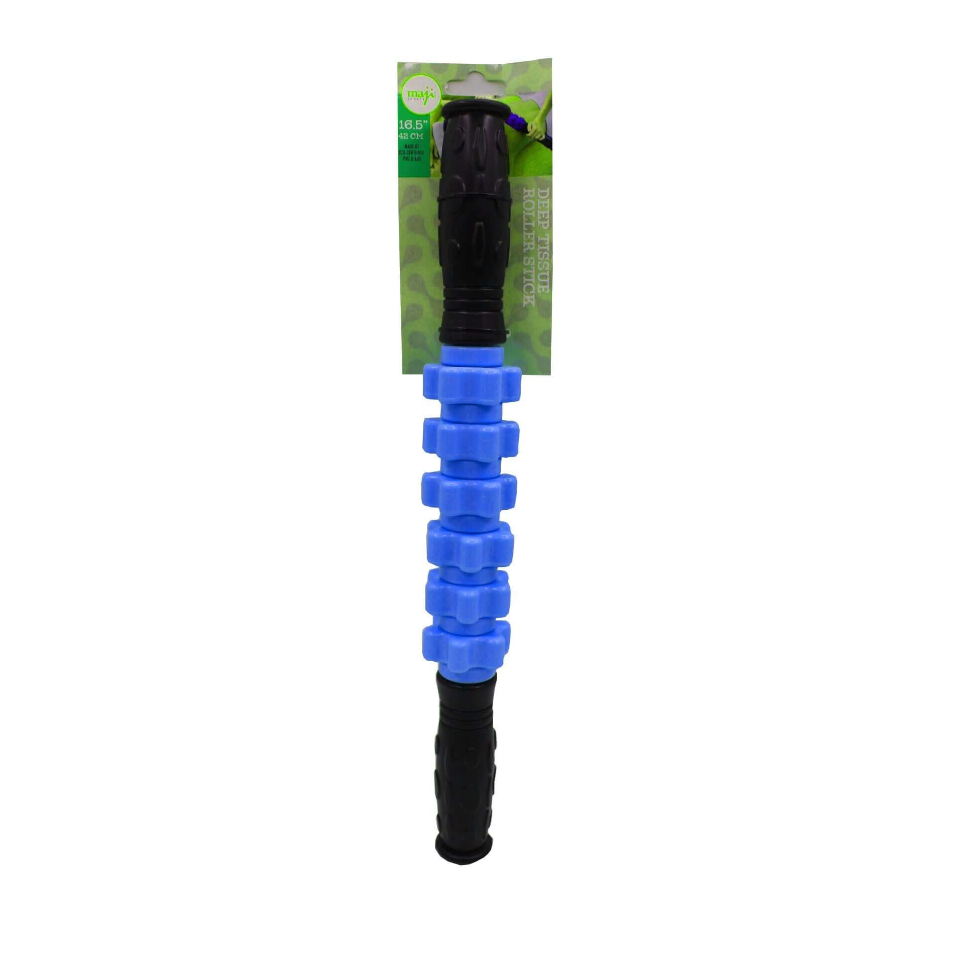 Blue massage roller with black handles on a white background