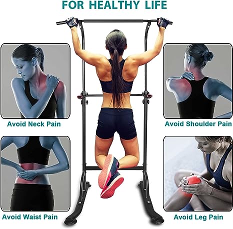 Woman using a pull-up bar with text highlighting pain avoidance for neck, shoulder, waist, and leg.