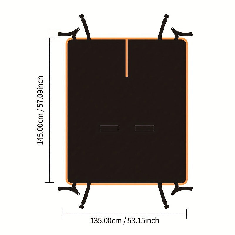 Black mat with orange border and measurements on a white background