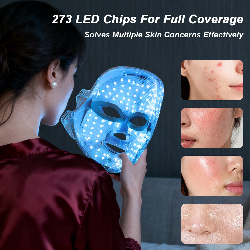 Woman using a LED face mask with text about LED chip count and skin benefits.