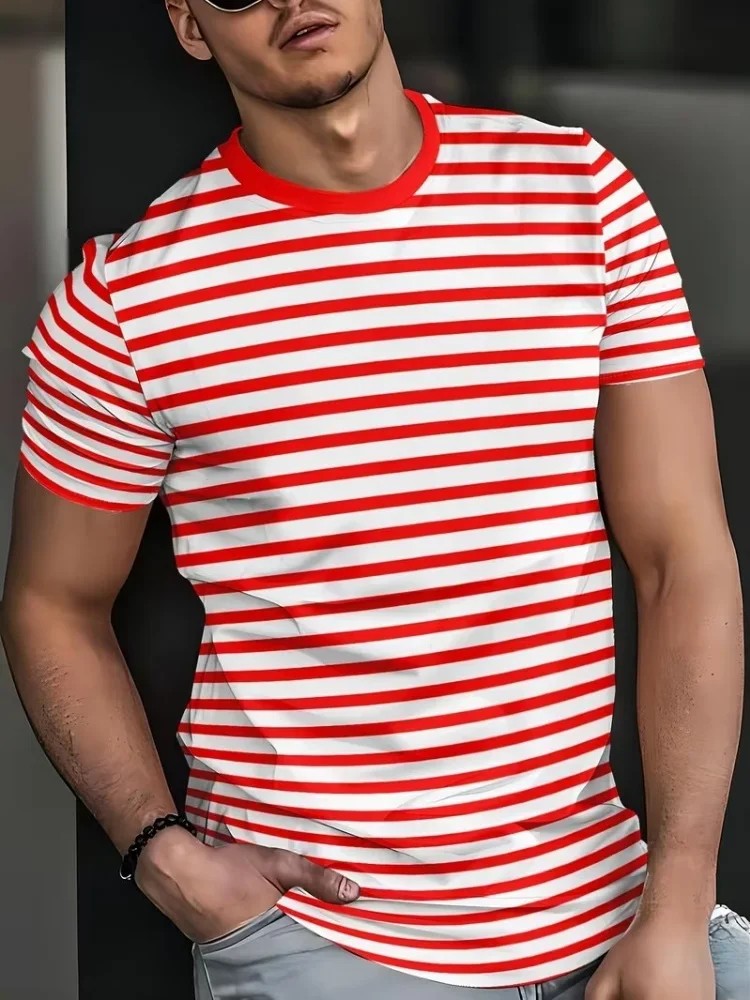 Classic Plaid & Stripe Printed Casual T-Shirt – Slim Fit Sports Tee