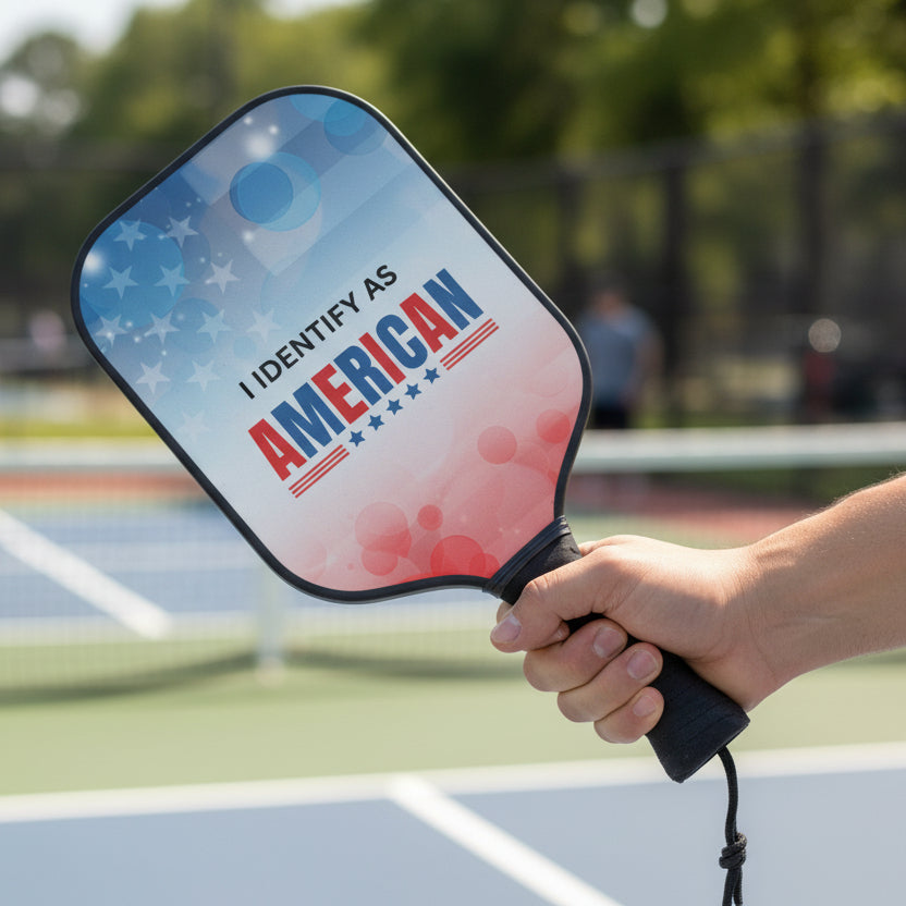 Pickleball paddle with 'I Identify as American' text held by a person on a court