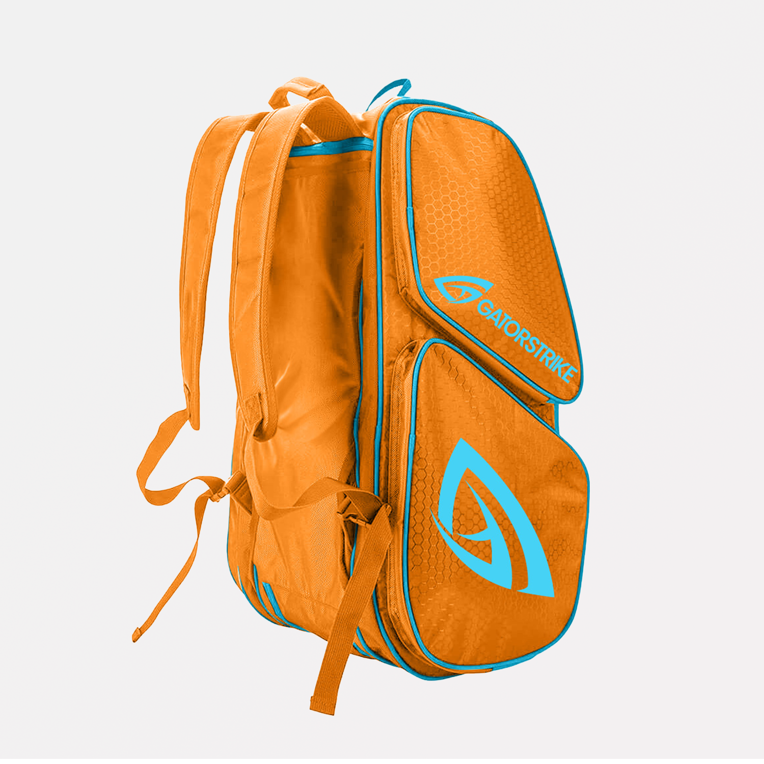 Orange backpack with blue accents on a white background