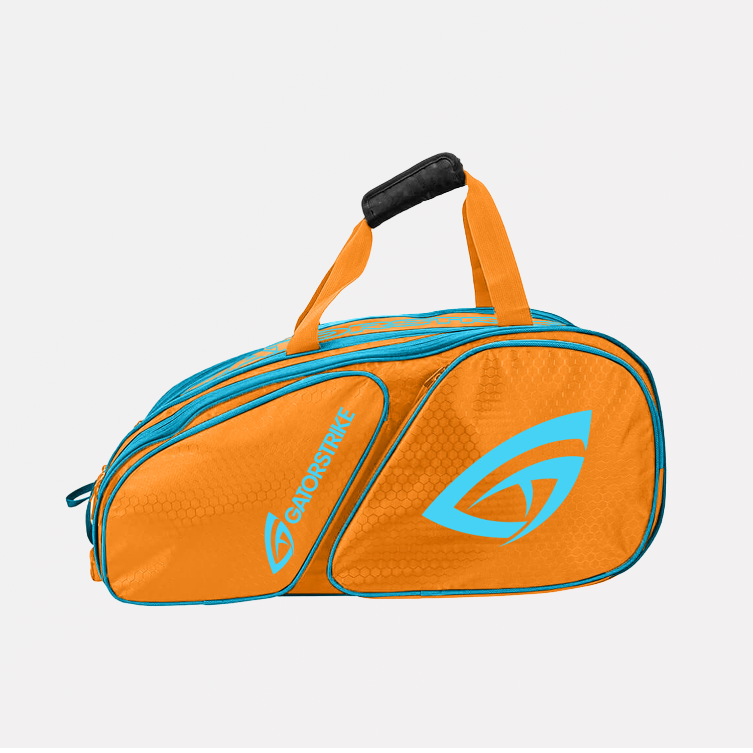 Orange and blue sports bag with a brand logo on a white background
