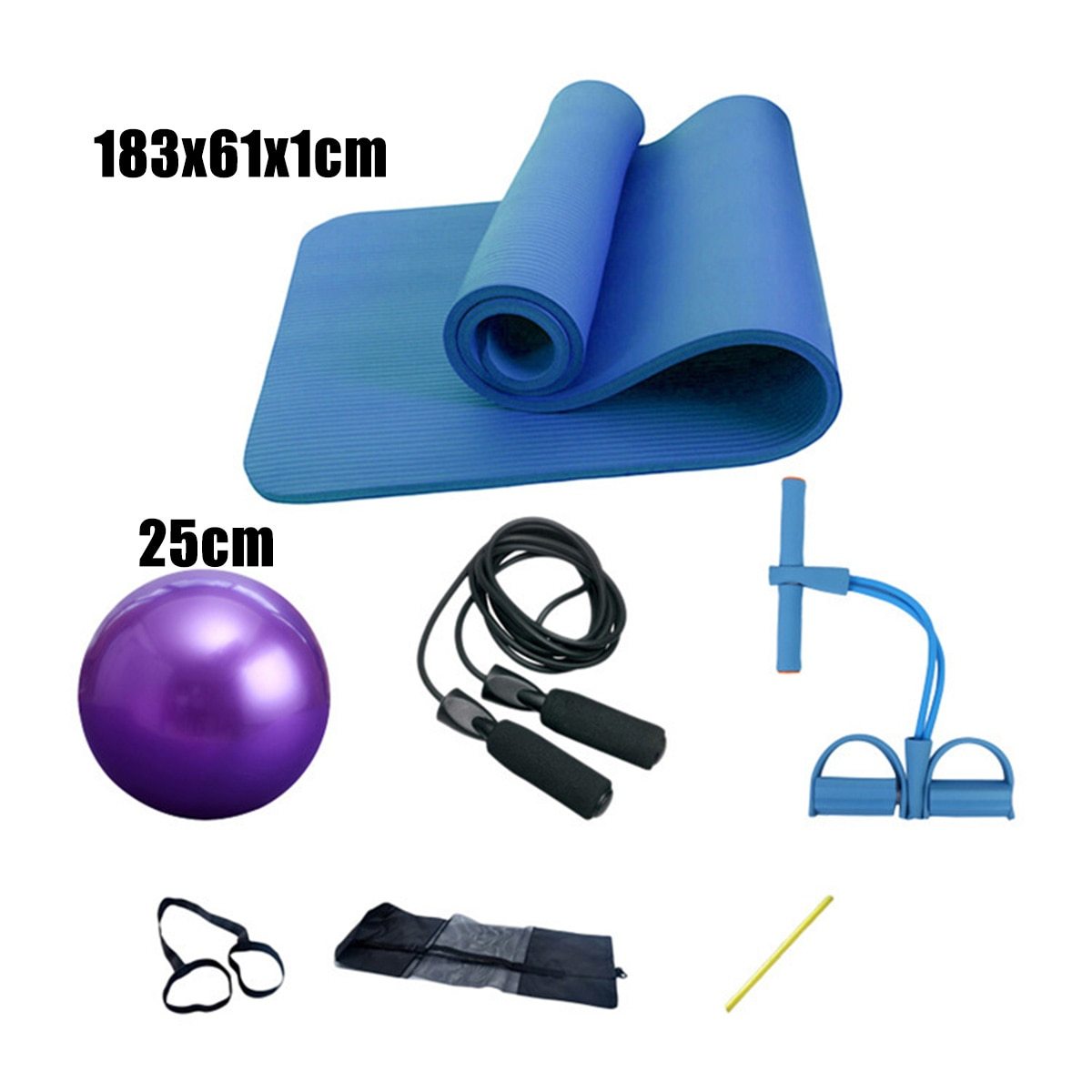 Collection of fitness equipment including a blue mat, purple ball, jump rope, resistance bands, and a stick on a white background.