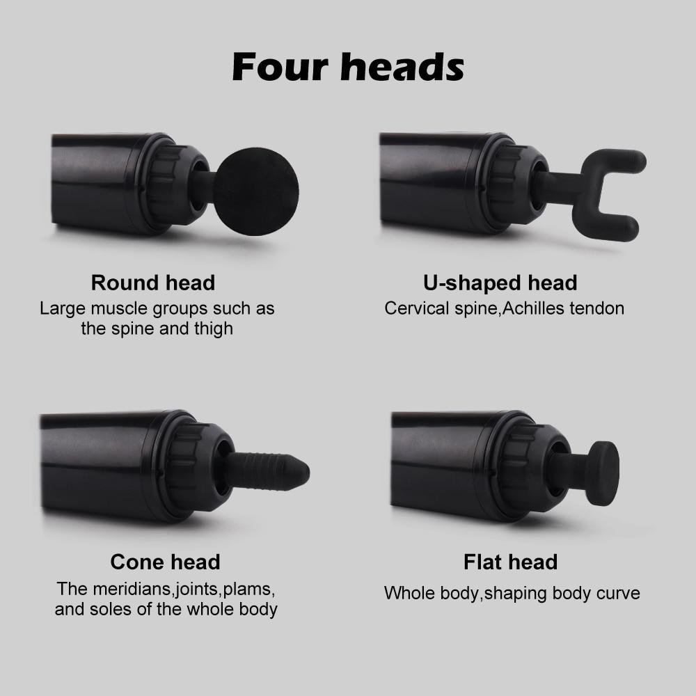 Four different massage head attachments on a gray background with labels.