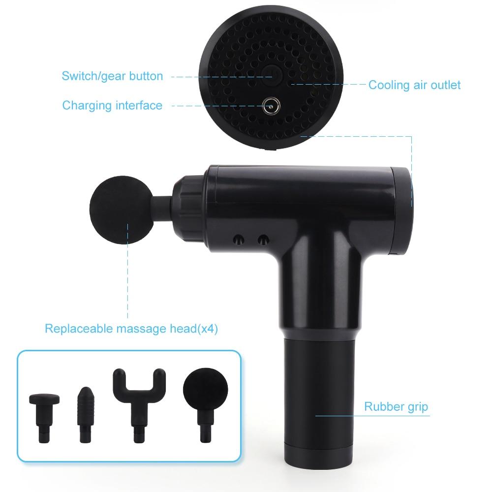 Black massage gun with interchangeable heads on a white background
