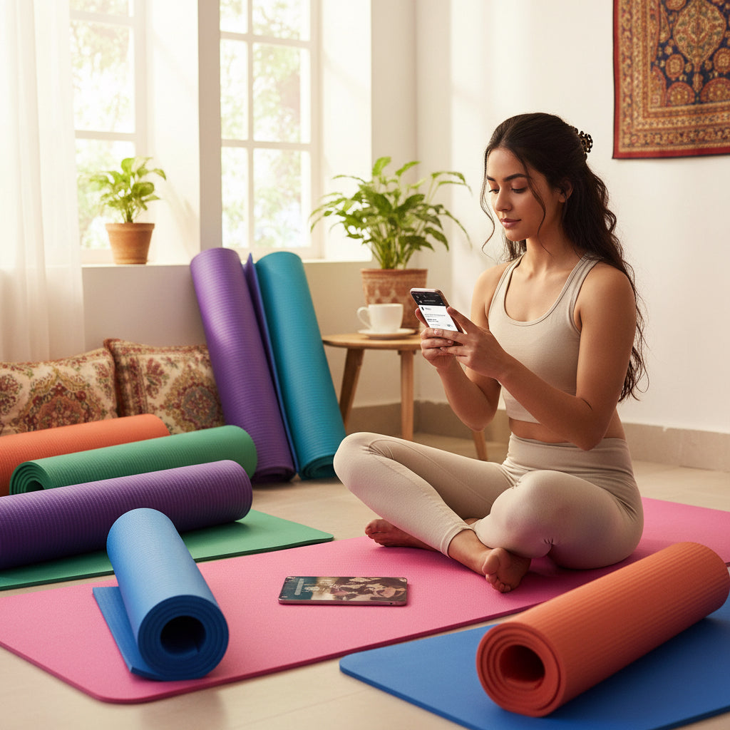 Woman using a phone on a pink yoga mat with yoga mats in various colors displayed.