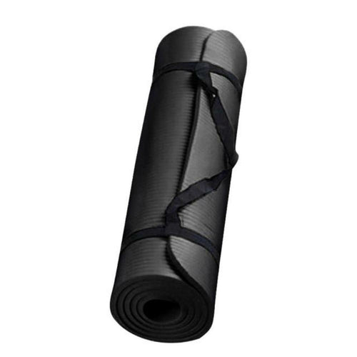 Black yoga mat with straps on a white background