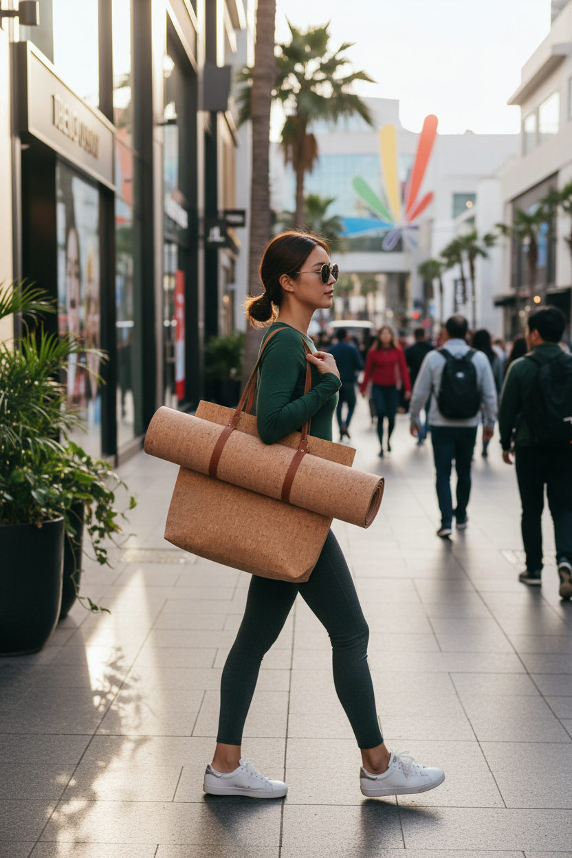 Woman holding a large cork bag on a city street